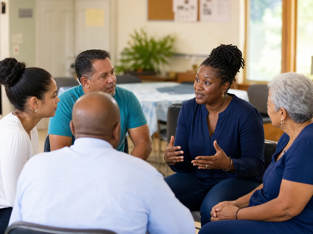 Neighbours talking together in a community meeting room.